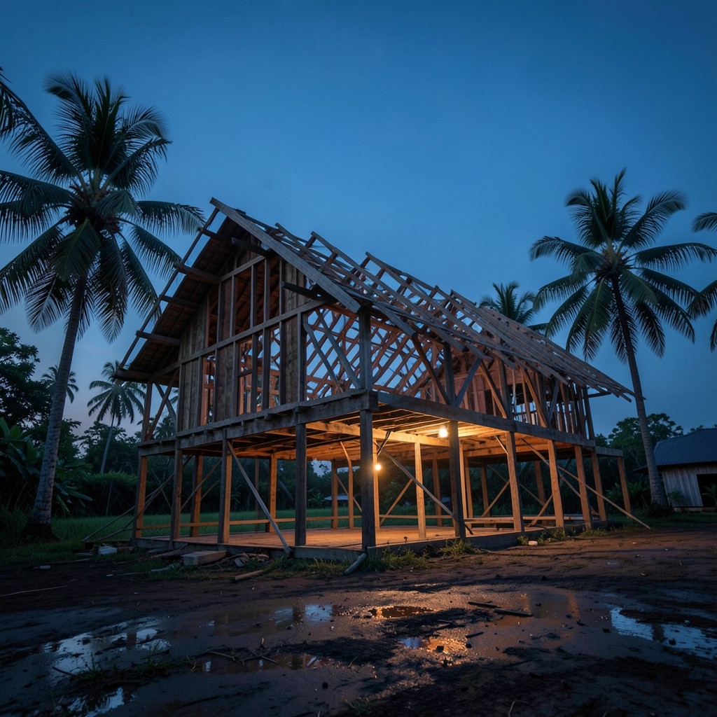 A timber house frame at blue hour with a warm work light