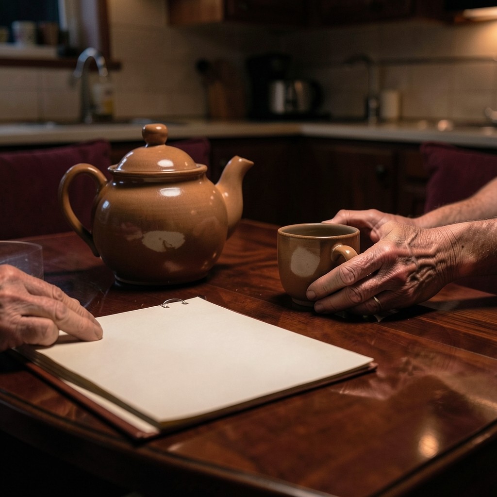 A night kitchen table with a teapot, two cups, and a blank ledger