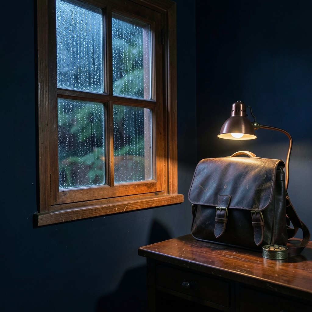 A school satchel and a tin of coins on a desk beside a rain-streaked window