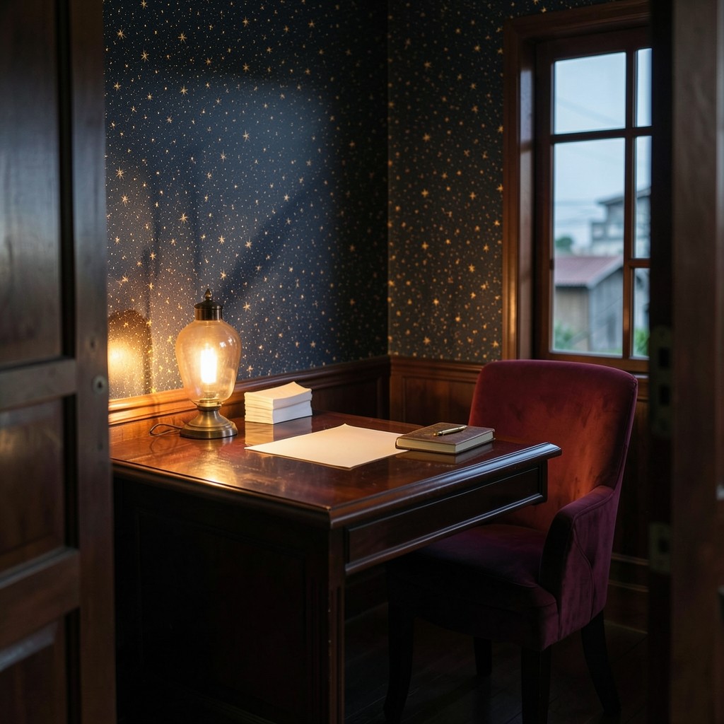 Dim Ban Phru office at night, with a lacquered desk, blank papers, a copper lamp, and a burgundy velvet chair