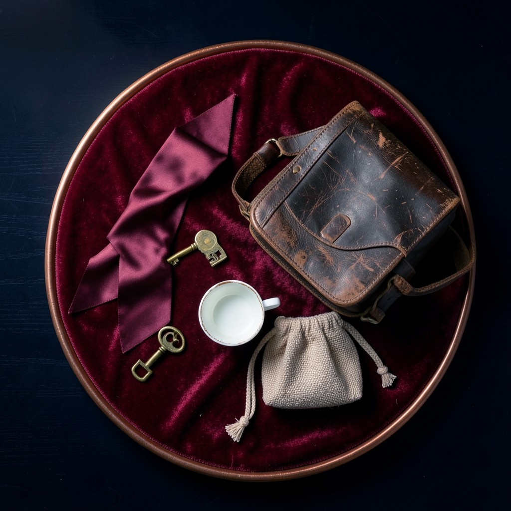 Still life of a silk sash, a house key, a school satchel, a teacup, and a cloth pouch on burgundy velvet