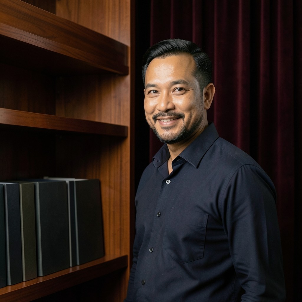 Farid Waemah standing by a wood shelf with a burgundy curtain behind him