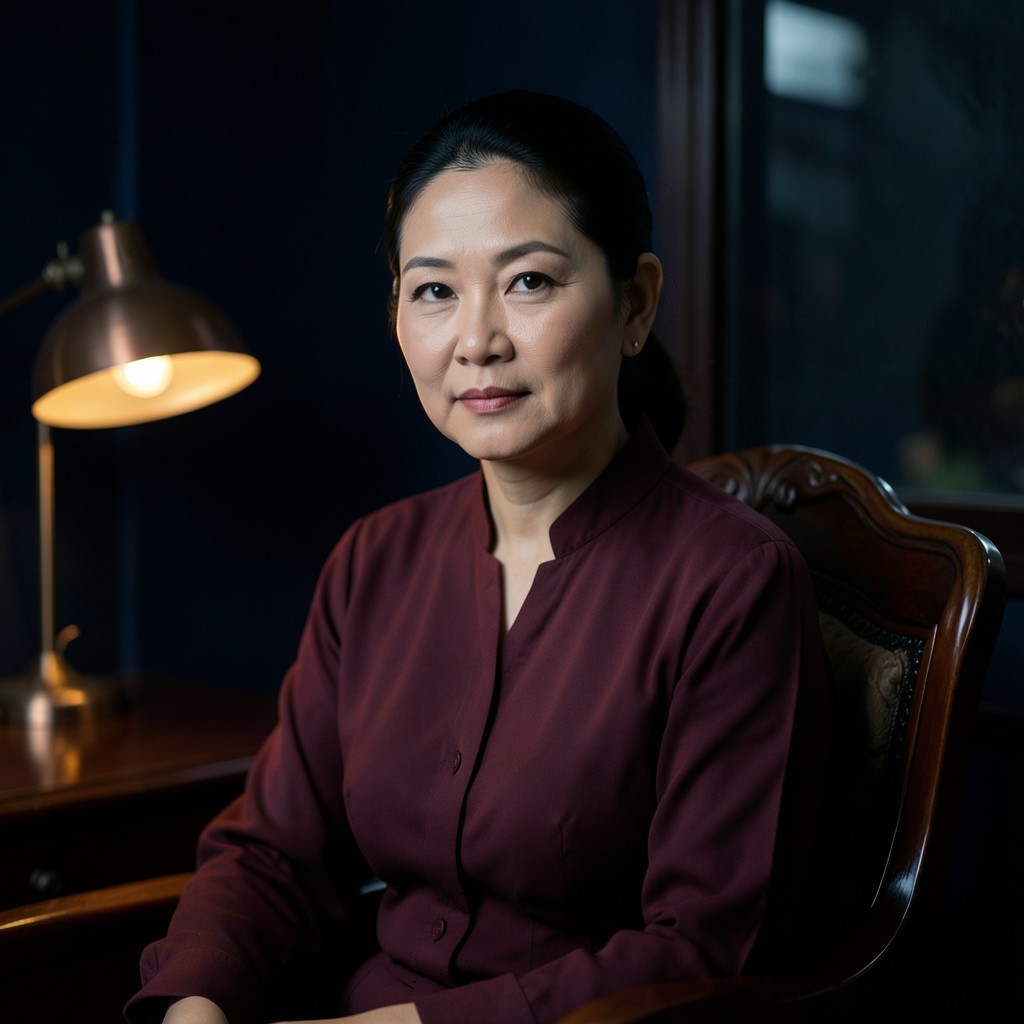 Naree Sama-ae seated in the Ban Phru office under a copper lamp