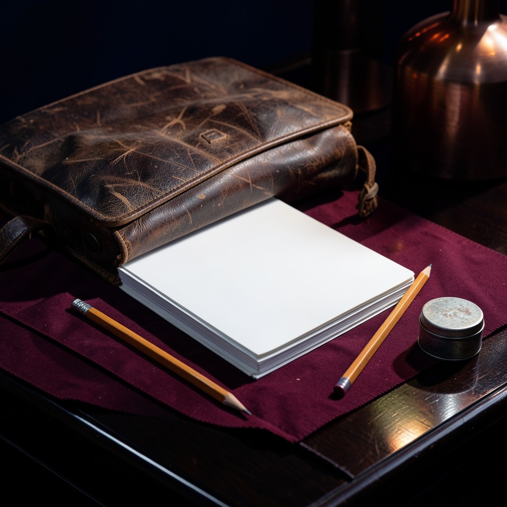 A school satchel, blank notebooks, and a savings tin on a dark desk