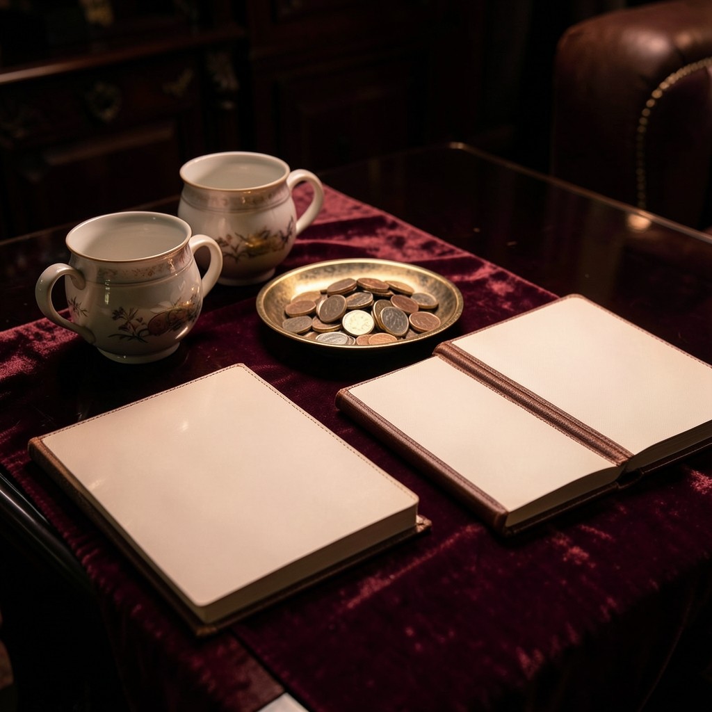 Two teacups and two blank notebooks on a lacquered table with a dish of coins