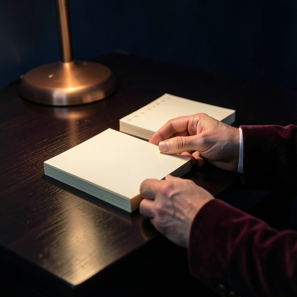 Hands arranging blank cards and a paper calendar on a dark wood desk