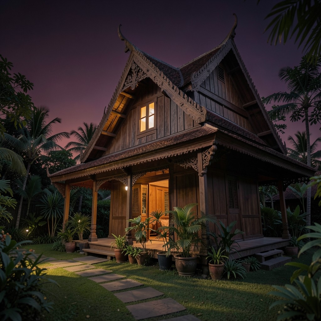 A wooden southern Thai house at dusk with one window lit