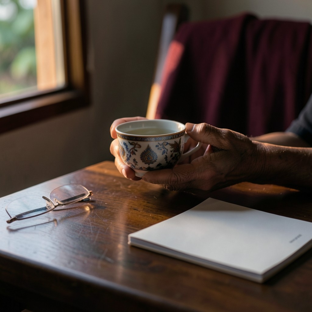 Older hands holding a teacup beside reading glasses and a blank booklet